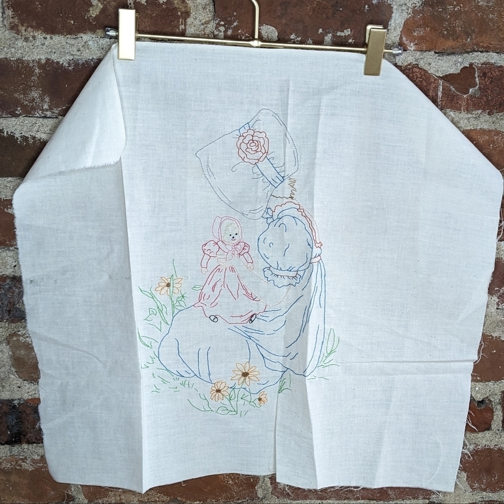 Vintage Homemade Hand‎ Embroidered Girl in a Hat Playing with a Doll